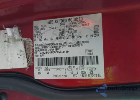 2006 Mercury Mountaineer Luxury z USA, uszkodzony, nr VIN 4M2EU47E96UJ04419